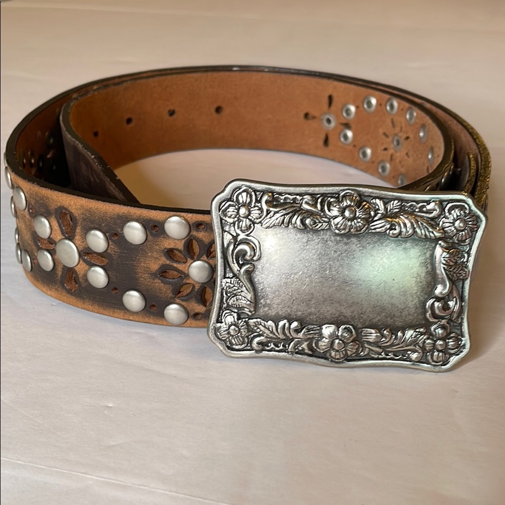 Gem Dandy Brown Belt Western Studded Leather Silver Tone Buckle Belt